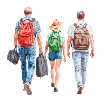 Three travelers walking together, each carrying backpacks and bags, showcasing a sense of adventure and friendship against a white isolated background. png