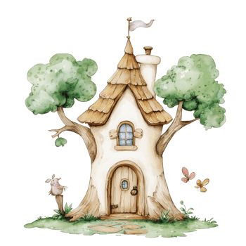 A whimsical treehouse nestled among lush greenery, featuring a charming door, windows, and playful details. The scene captures a magical atmosphere perfect for storytelling. png