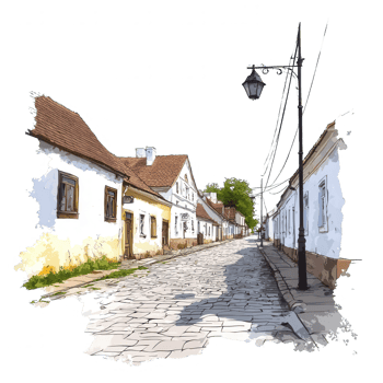Charming street lined with quaint white houses and vintage lampposts under a clear sky, showcasing a picturesque village atmosphere. png