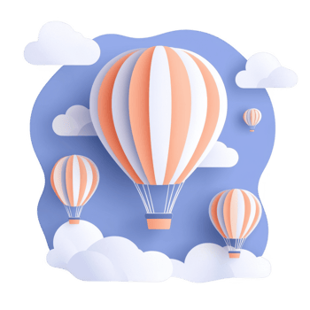 Colorful hot air balloons floating in a blue sky with fluffy clouds, creating a whimsical travel scene for adventure lovers. png