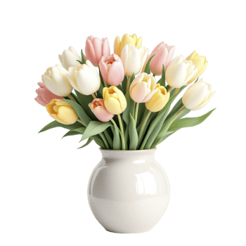 A vase filled with yellow and pink tulips png