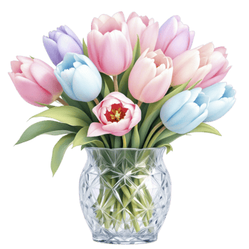 A vase with pink, blue and purple tulips png