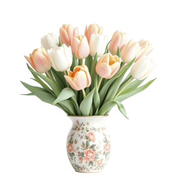 A vase with white and pink tulips in it png