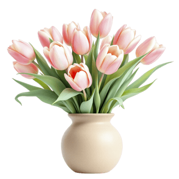 A vase with pink tulips in it on a black background png