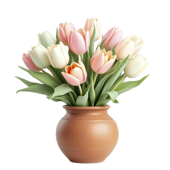 A brown vase with pink and white tulips in it png