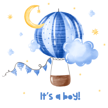 Its a boy card with hot air balloon adventure. Sky transport hand drawn watercolor illustration png