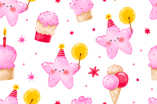 Pink star fish , cake, sweets celebrate birthday. Pinky girly seamless pattern for Birthday. Happy Birthday background png