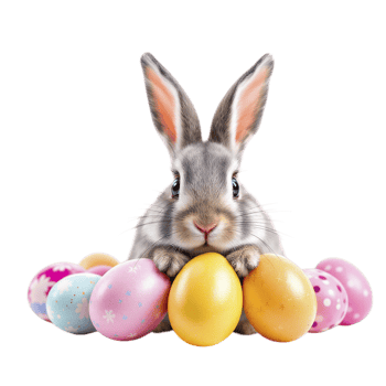 A rabbit is sitting on top of a pile of colorful eggs png