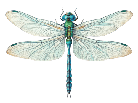 detailed illustration of dragonfly showcasing its vibrant blue and green colors, intricate wing patterns, and delicate features png