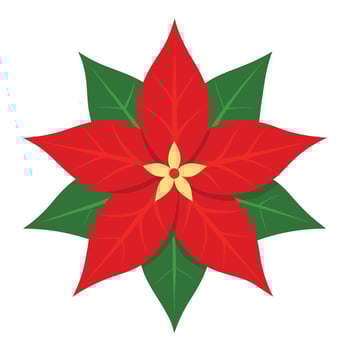 Cartoon Red Poinsettia with Green Leaves and Golden Center on White Background vector