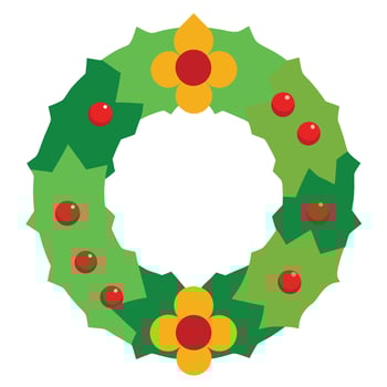 Flat Cartoon Christmas Wreath with Green Leaves, Yellow Flowers and Red Berries vector