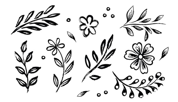 Set of hand drawn doodle flowers and leaves vector