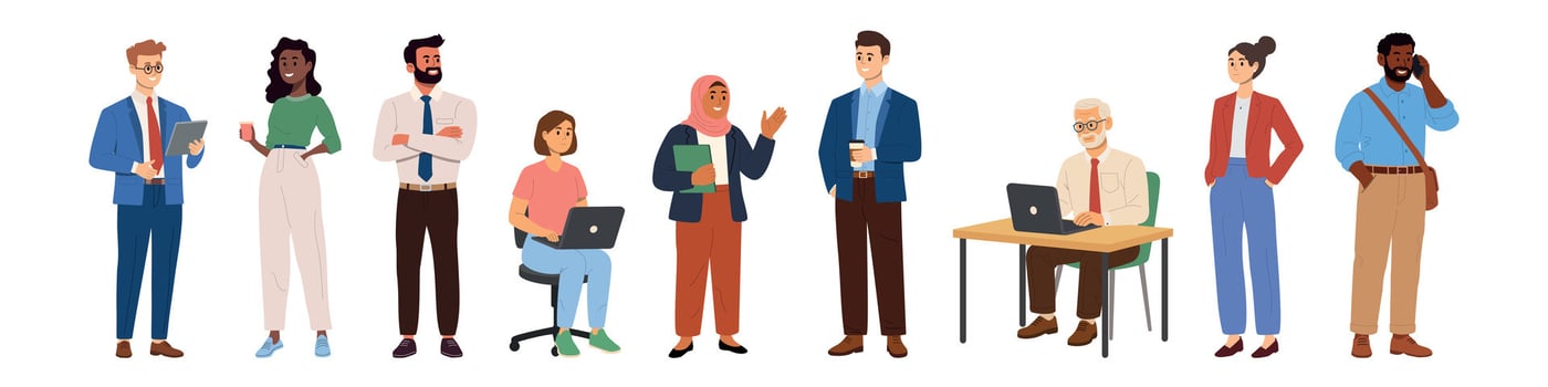 Diverse business people set. Illustration in flat style of diverse cartoon men and women in office outfits. Isolated on background. Great for teamwork, HR, remote work, and corporate scenes vector