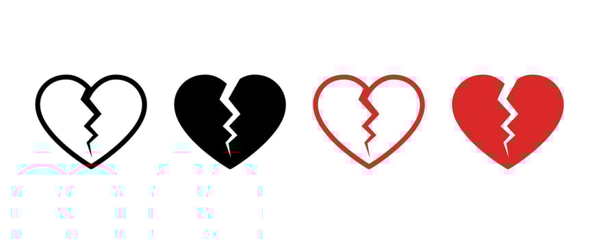 Broken heart icons set. Cracked heart flat icons. Heartbreak or divorce flat and line icon set. vector