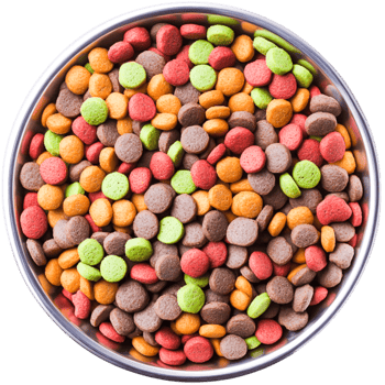 Colorful Pet Food Kibble in Round Container, Ideal for Cats and Dogs png
