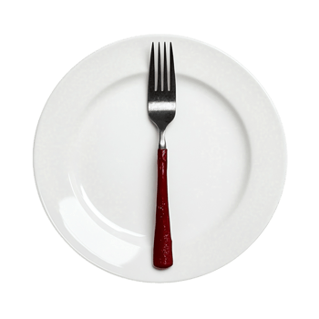 Silver Fork with Red Handle Resting on White Dinner Plate Centered Image png