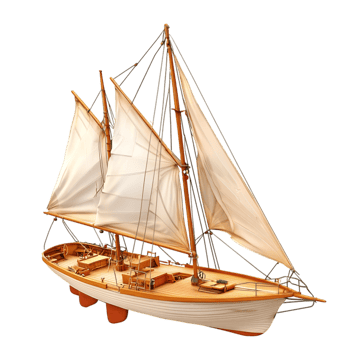 Realistic wooden sailboat model intricate detailed elegant nautical sailing craftsmanship png
