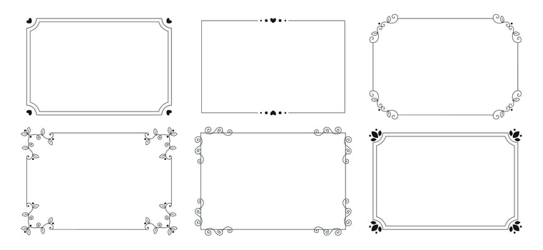 Decorative frames. Retro ornamental frame, vintage rectangle ornaments and ornate border. Decorative wedding frames, antique museum picture borders or deco devider. Isolated icons set vector
