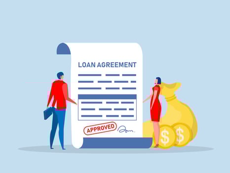 Money loan agreement in front of a bank employee,Businessman with loan agreement and money bag,bank, mortgage,debt or obligation to pay back interest rate,financial concept vector