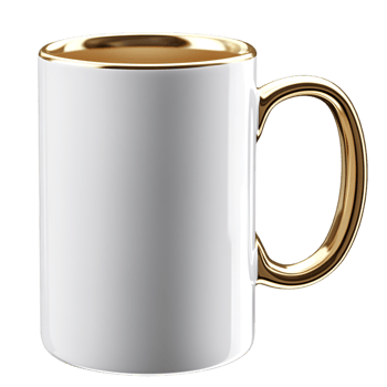 Luxurious white porcelain coffee mug gold rim for stylish beverage serving png