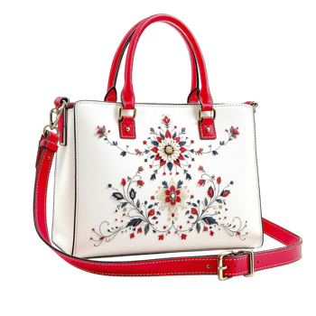 The white handbag with red flowers and red handles png
