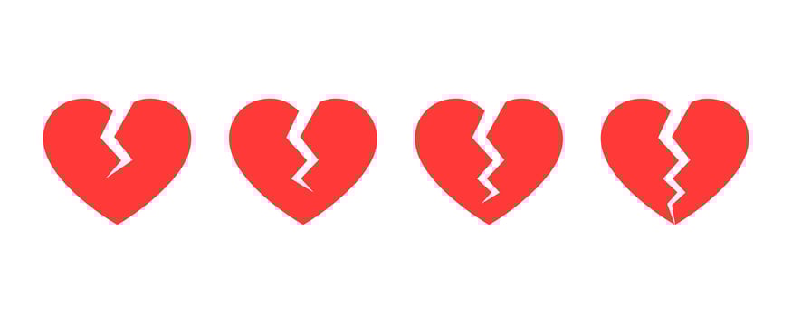 Broken heart icons set. Cracked heart flat icons. Broken heart or divorce flat icon. Heartbreak icons vector