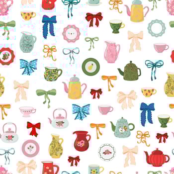 preppy coquette Bow knots, crockery seamless pattern. plate, jug, cup, mug, teapot kettles texture vector