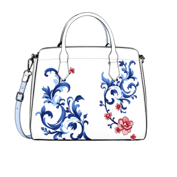 A white handbag with blue flowers and red flowers png