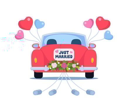 Retro car with flowers and sign board Just Married. Bride and groom getaway car. Wedding day accessories, decorations. Celebrate marriage, save the date ceremony vector