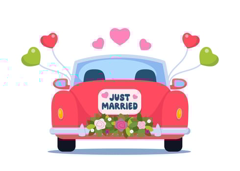 Retro car with flowers and sign board Just Married. Bride and groom getaway car. Wedding day accessories, decorations. Celebrate marriage, save the date ceremony. illustration. vector