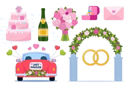 Wedding accessories, decoration. Party, proposal, wedding, anniversary elements. Celebrate marriage, save the date ceremony. illustration. vector