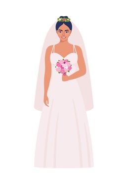 Bride in a wedding dress with a bouquet of flowers. Bride in traditional white dress on wedding day, marriage ceremony. illustration. vector