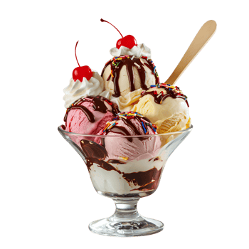 A glass bowl with ice cream and toppings png