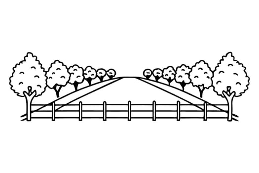 Symmetrical tree lined pathway with fence in minimalist illustration design vector