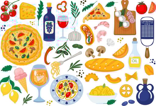 Italian food set, ingredients. Cartoon doodle stickers of traditional products. olive oil, tomatoes, mozzarella, pizza, cheese, pasta. Illustration vector