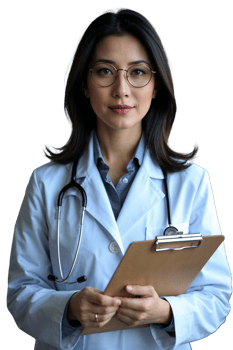 Professional female doctor in white coat - confident portrait in healthcare field with natural office lighting. png