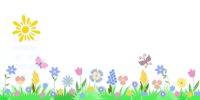 Easter or spring banner with flowers, butterfly, doodle sun, grass festive meadow pattern horizontal border, hand drawn illustration traditional celebration decor for card, poster, invitation vector