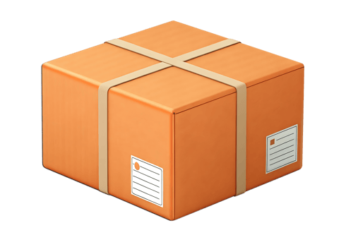 Orange squire type cardboard shipping box with tape and labels transparent on isolated Transparent background png