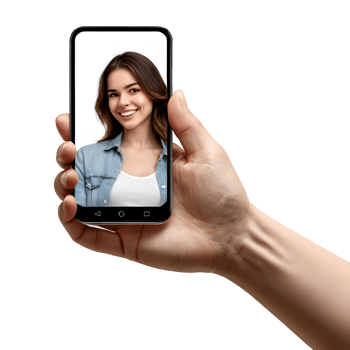 Woman holding smartphone with a photo of a woman on screen png