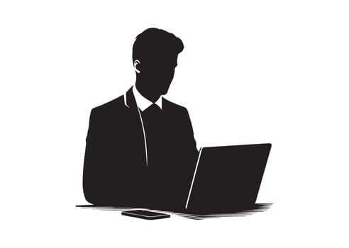 A man working on laptop at desk silhouette vector