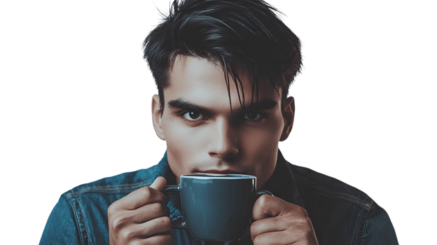 Man Holding a Mug Casual Style Denim Jacket Dark Background Coffee Time Relaxation Mornin png