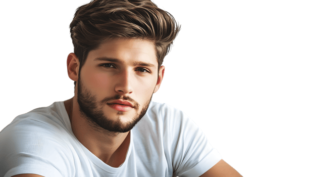 Man with stylish haircut and beard wearing a white tshirt png
