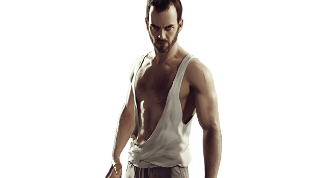 Muscular Man in Torn Vest Intense Expression Dramatic Lighting Fitness Strength Power png