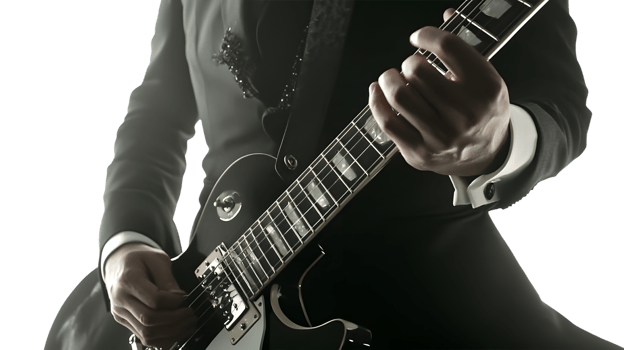Musician in Formal Attire Playing Electric Guitar CloseUp of Hands on Fretboard and Strings png