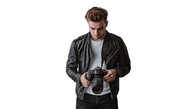 Photographer in Action Capturing Moments with a DSLR Camera Wearing Leather Jacket and Focuse png