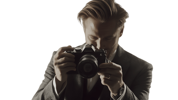 Photographer Capturing Moments with a Classic Camera in Professional Attire png