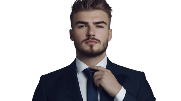 Professional Man in Suit Adjusting His Tie Against a Black Background png