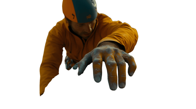 Rock Climber in Action CloseUp of Hand Gripping Rock with Chalk Wearing Safety Helmet and Pr png