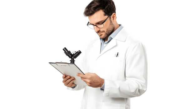 Scientist in Lab Coat Examining Microscope and Clipboard for Research and Analysis png