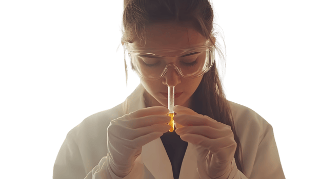 Scientist in Lab Coat Examining Test Tube with Precision and Focus png